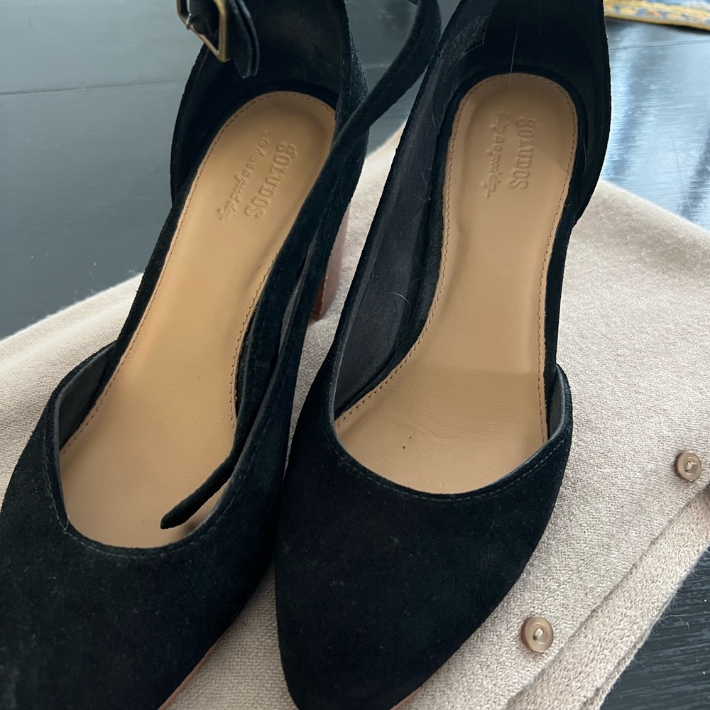 Soludos Gemma black suede stacked 2.75“ heel